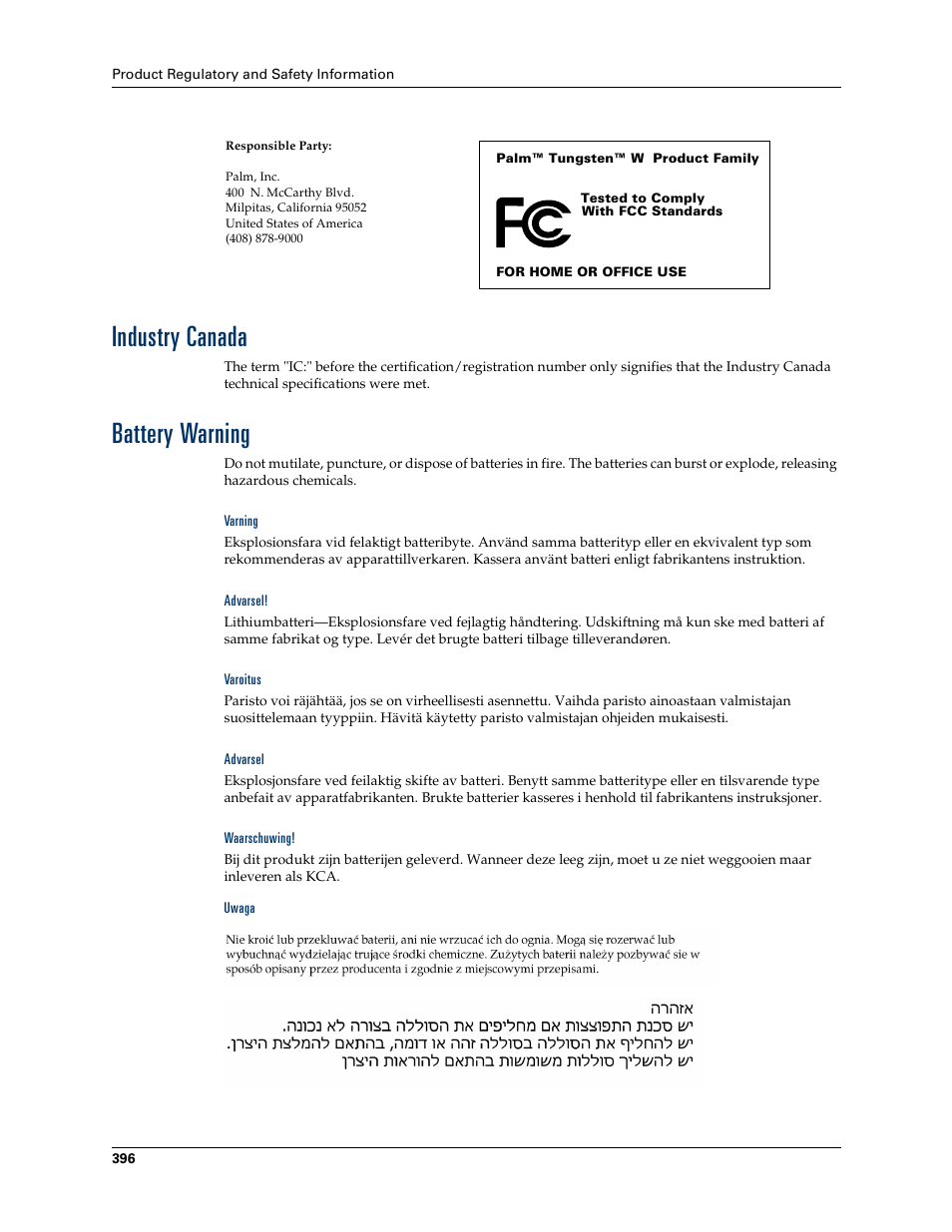 Varning, Advarsel, Varoitus | Waarschuwing, Uwaga, Industry canada, Battery warning | Palm Tungsten W User Manual | Page 410 / 428