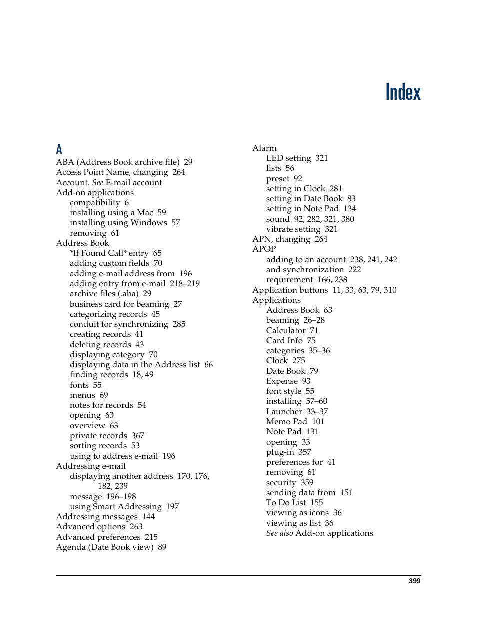 Index | Palm Tungsten W User Manual | Page 413 / 428