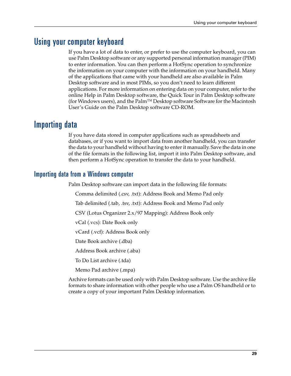 Using your computer keyboard, Importing data, Importing data from a windows computer | Quick connect | Palm Tungsten W User Manual | Page 43 / 428