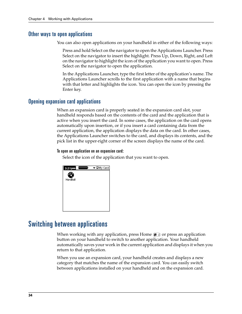 Other ways to open applications, Opening expansion card applications, Switching between applications | Palm Tungsten W User Manual | Page 48 / 428