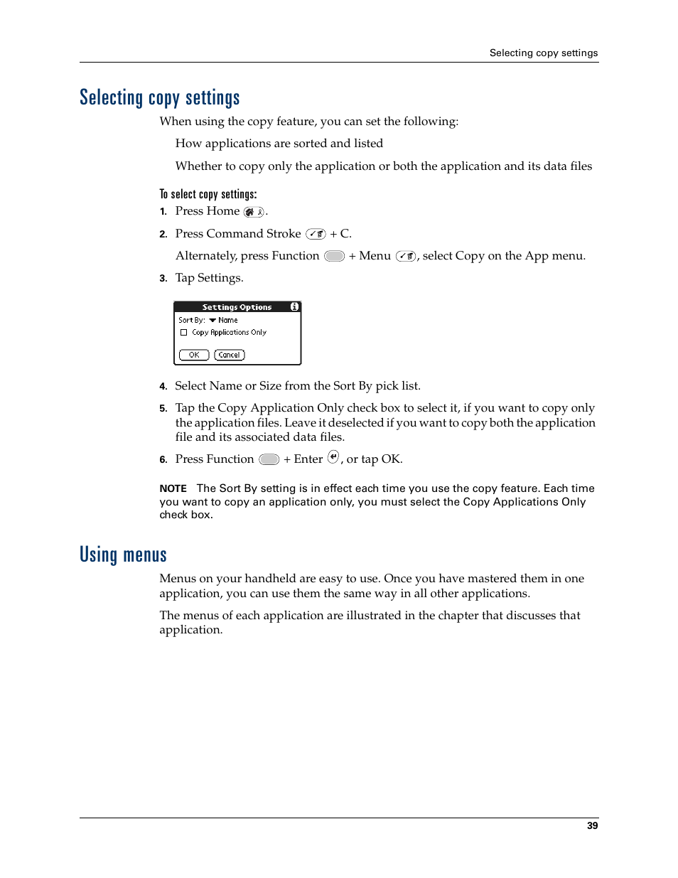 Selecting copy settings, Using menus, Selecting copy settings using menus | Chapter 4 | Palm Tungsten W User Manual | Page 53 / 428