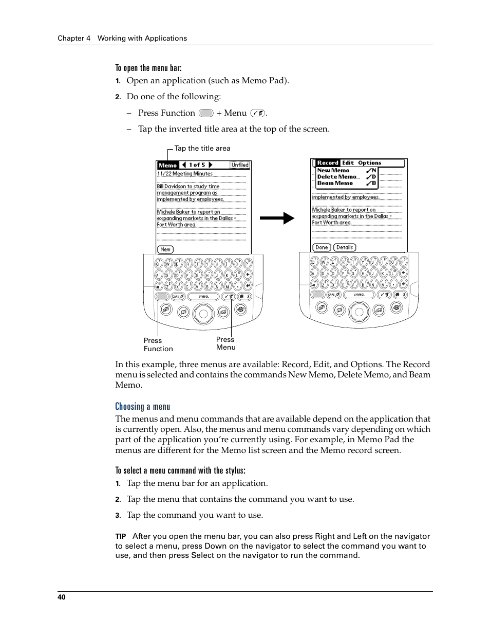 Choosing a menu | Palm Tungsten W User Manual | Page 54 / 428