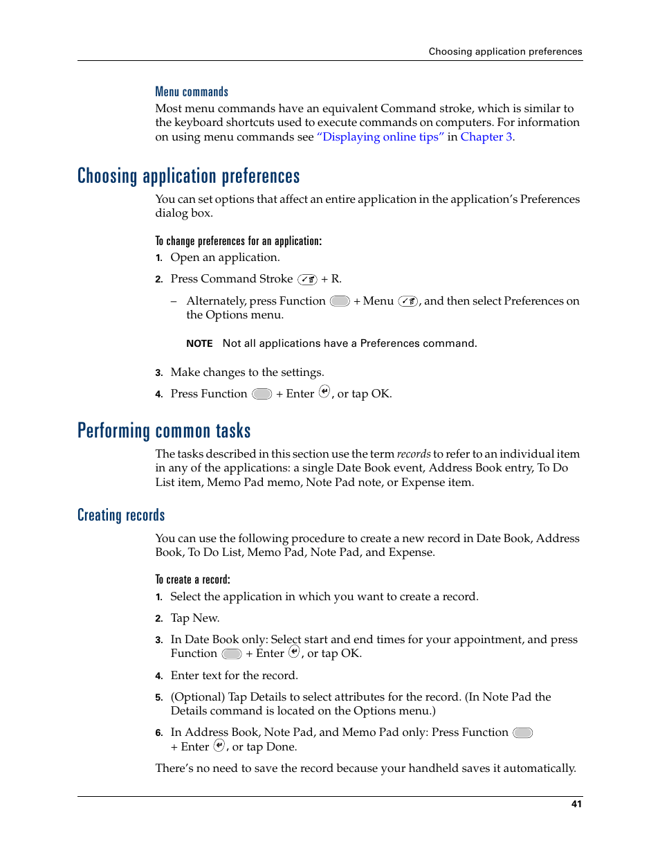 Menu commands, Choosing application preferences, Performing common tasks | Creating records, Mode, see, Chapter 4 | Palm Tungsten W User Manual | Page 55 / 428