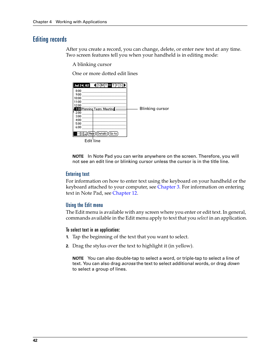 Editing records, Entering text, Using the edit menu | Palm Tungsten W User Manual | Page 56 / 428