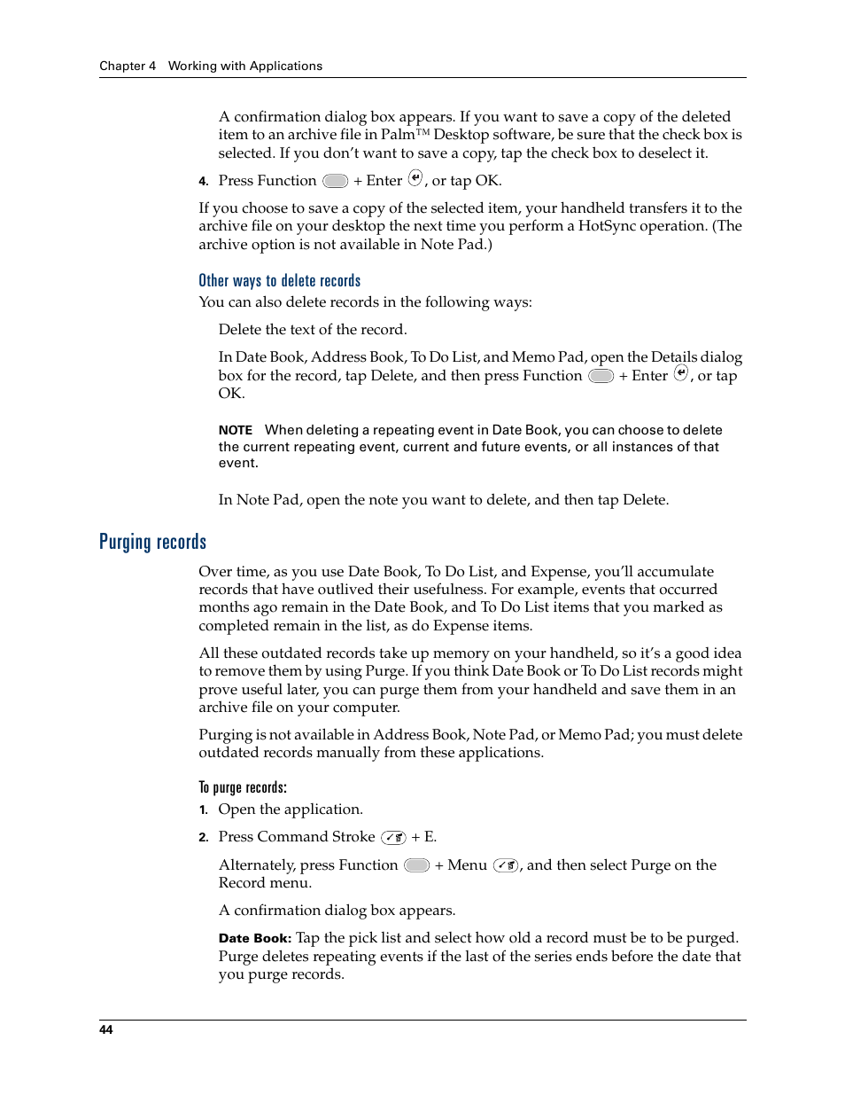 Other ways to delete records, Purging records | Palm Tungsten W User Manual | Page 58 / 428