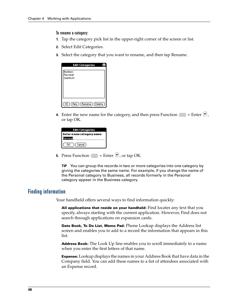 Finding information, Og box, see, Finding | Information, Chapter 4 | Palm Tungsten W User Manual | Page 62 / 428