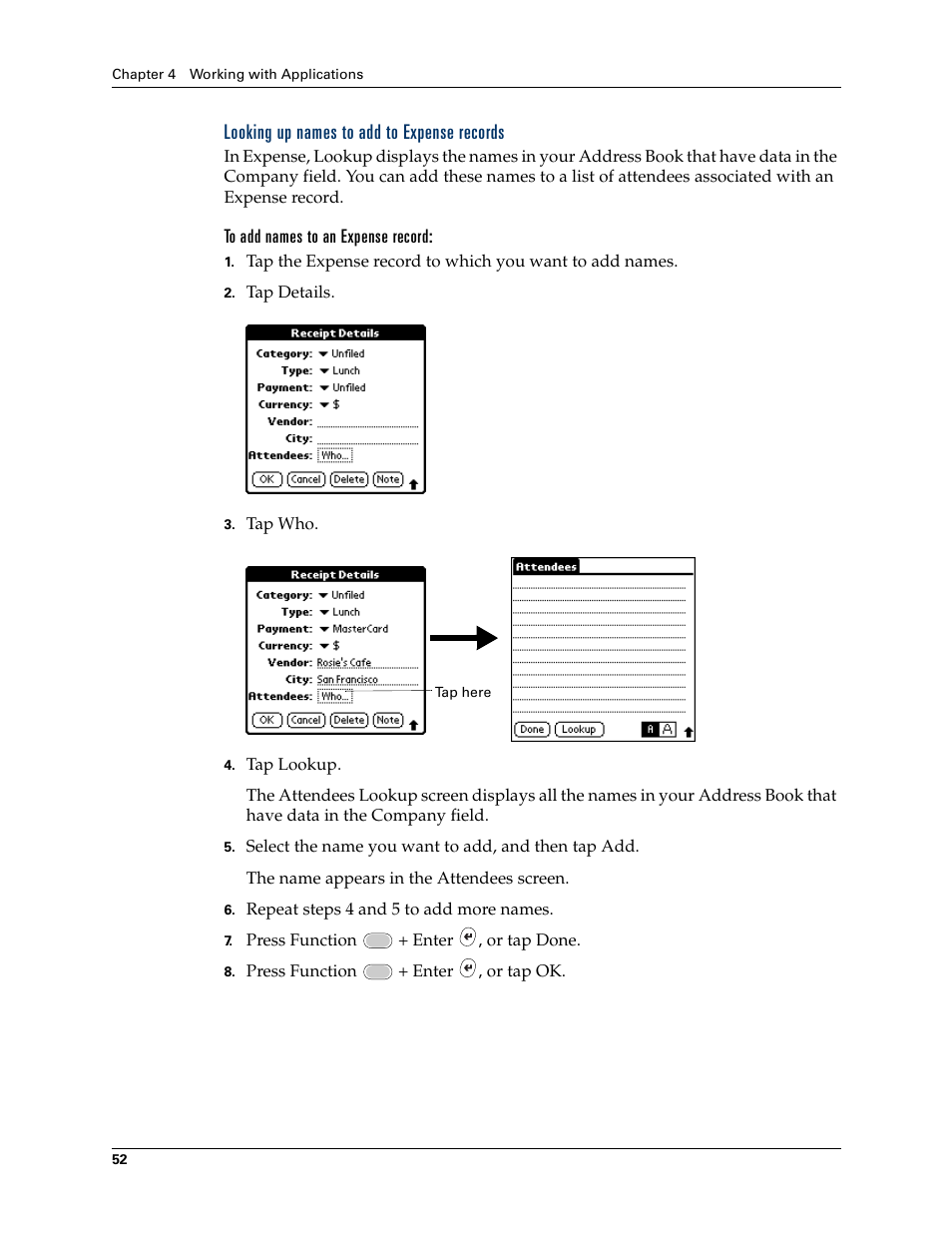 Looking up names to add to expense records | Palm Tungsten W User Manual | Page 66 / 428