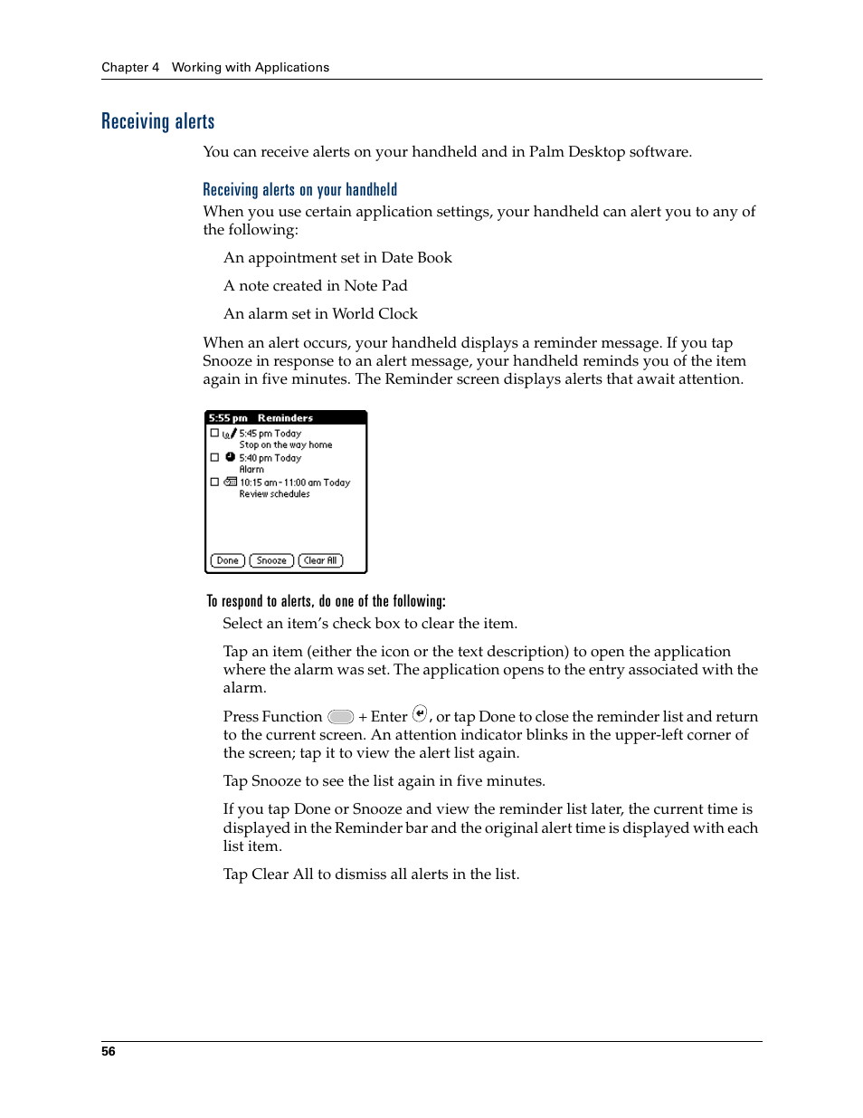 Receiving alerts, Receiving alerts on your handheld | Palm Tungsten W User Manual | Page 70 / 428