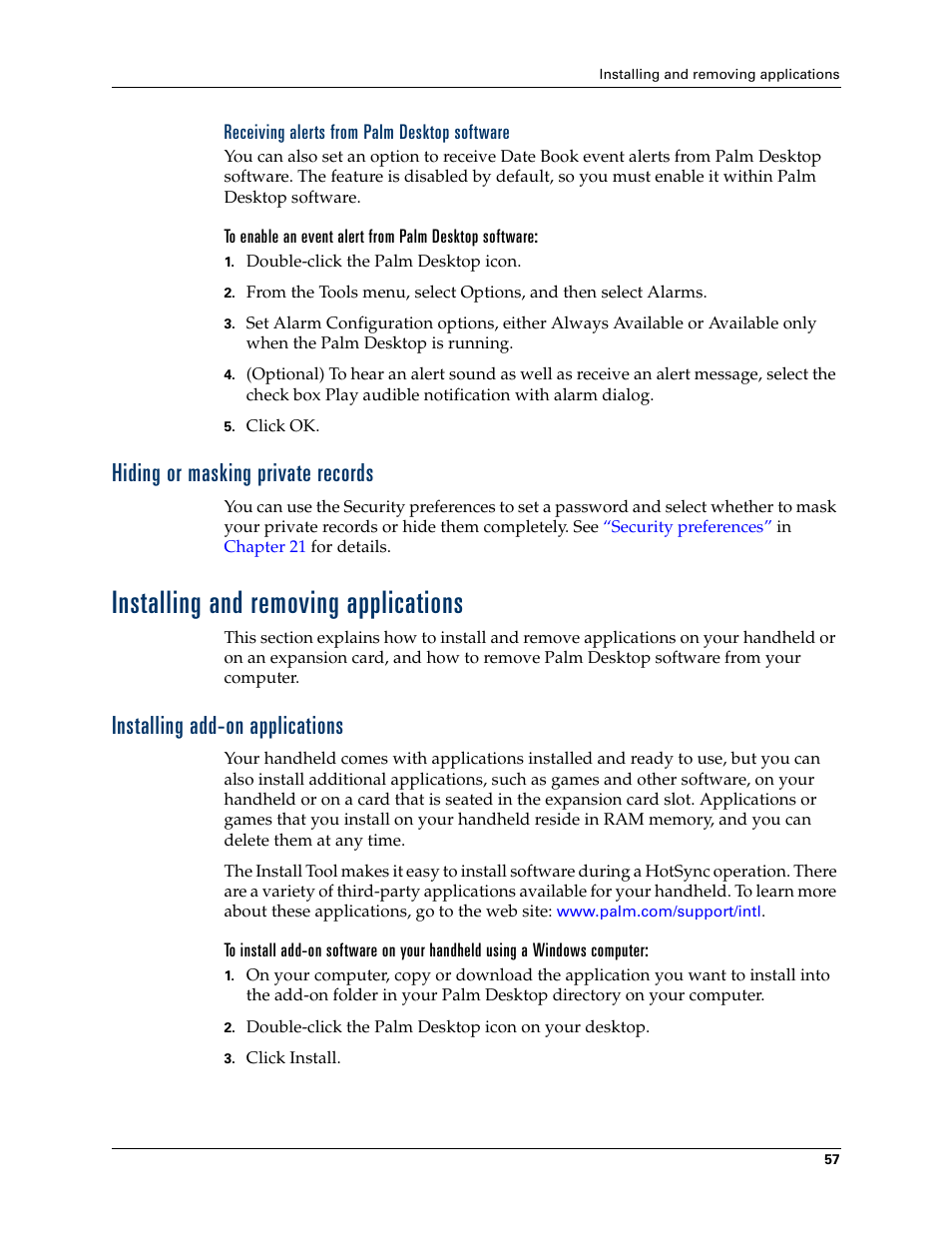 Receiving alerts from palm desktop software, Hiding or masking private records, Installing and removing applications | Installing add-on applications, Operation; see | Palm Tungsten W User Manual | Page 71 / 428