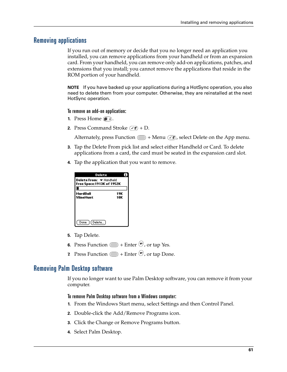 Removing applications, Removing palm desktop software | Palm Tungsten W User Manual | Page 75 / 428