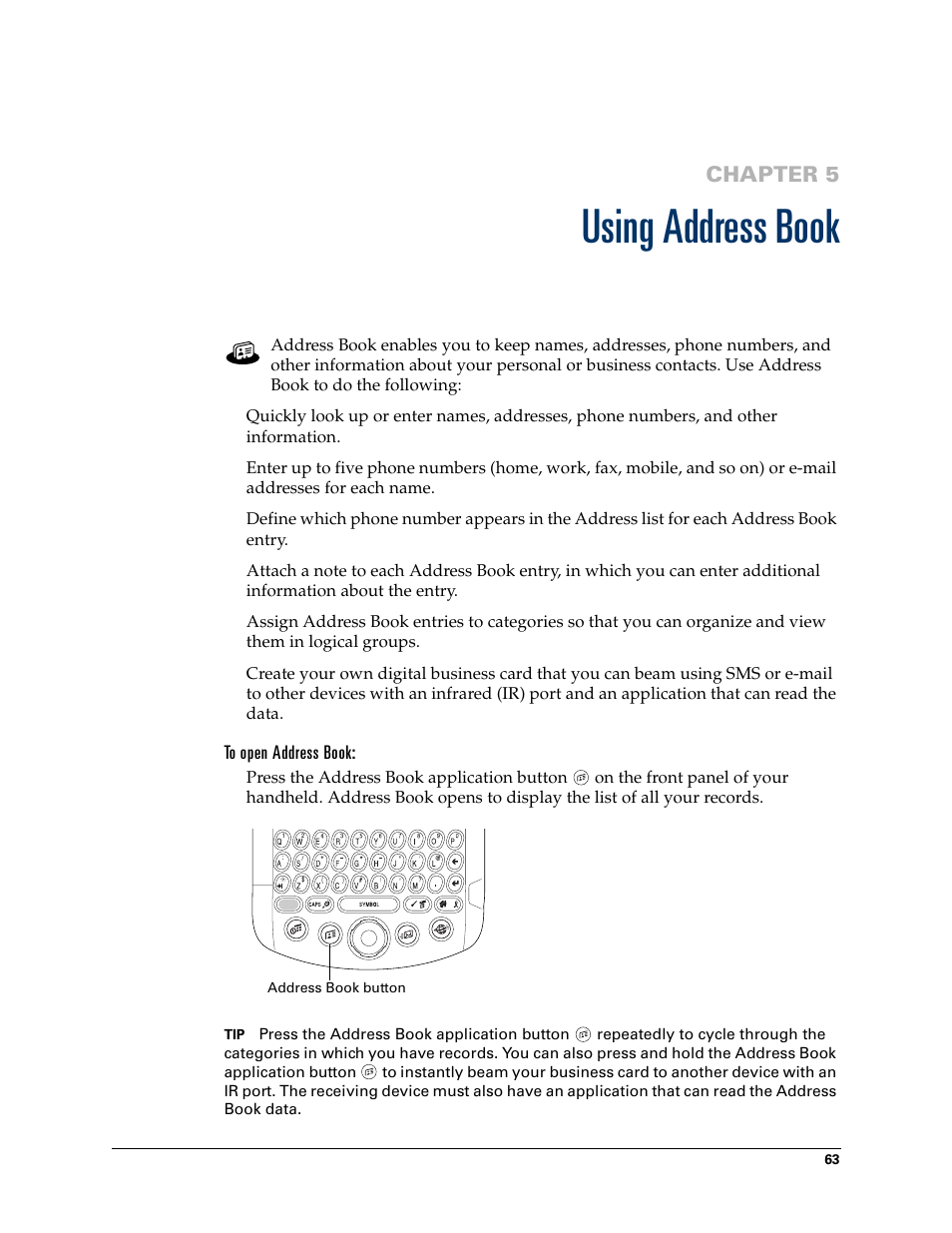 Using address book, Chapter 5: using address book, Chapter 5 | Palm Tungsten W User Manual | Page 77 / 428