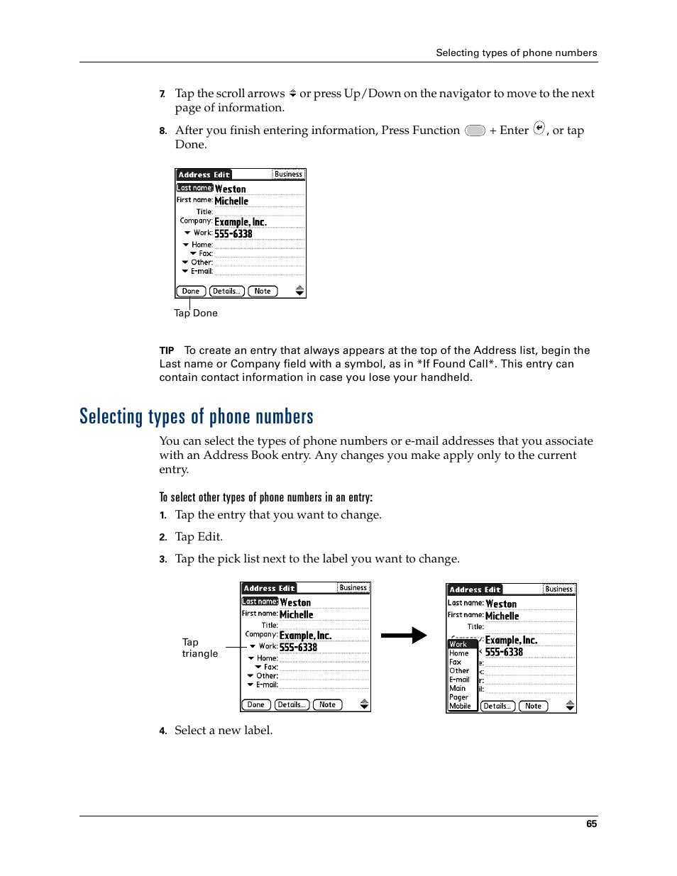 Selecting types of phone numbers | Palm Tungsten W User Manual | Page 79 / 428