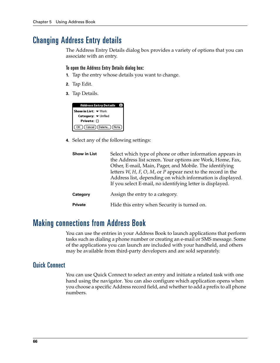 Changing address entry details, Making connections from address book, Quick connect | Palm Tungsten W User Manual | Page 80 / 428