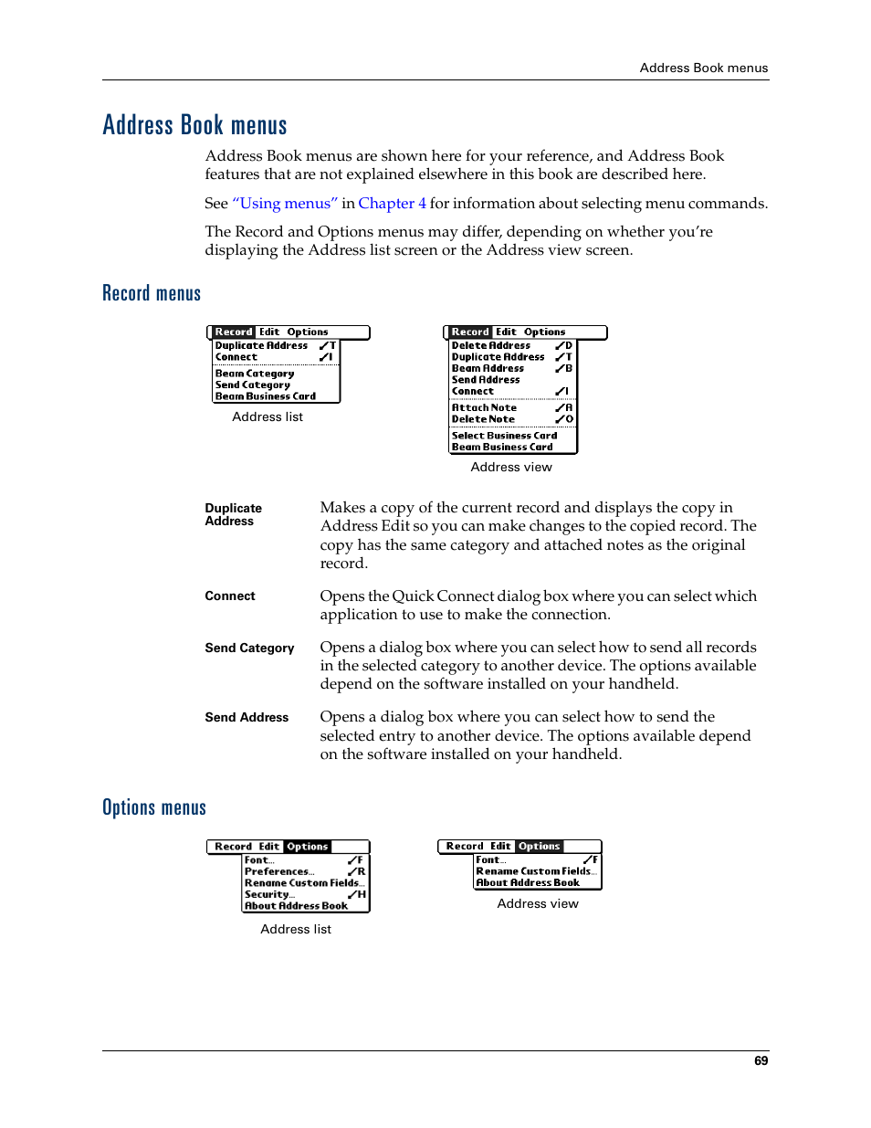 Address book menus, Record menus, Options menus | Record menus options menus | Palm Tungsten W User Manual | Page 83 / 428