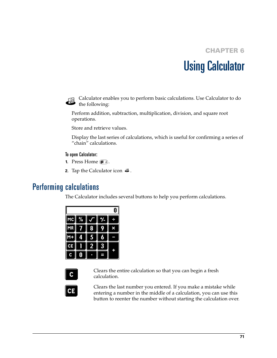 Using calculator, Performing calculations, Chapter 6: using calculator | Chapter 6 | Palm Tungsten W User Manual | Page 85 / 428