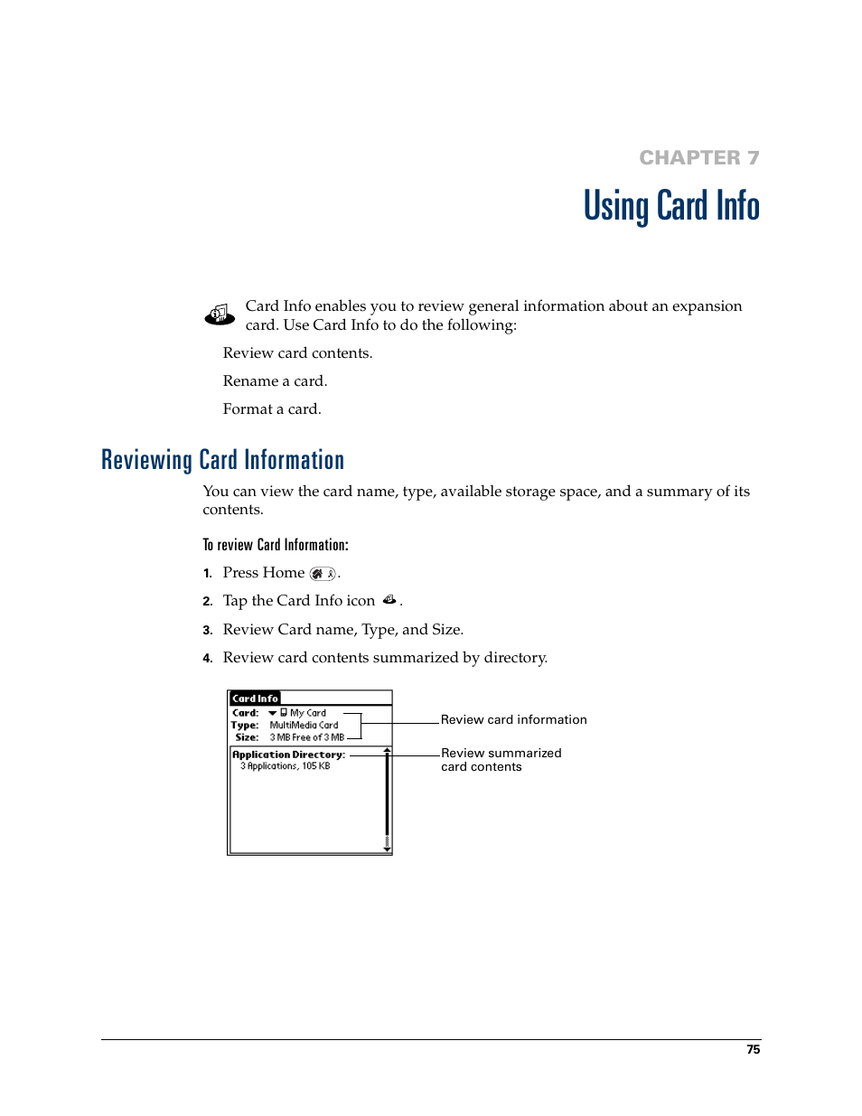 Using card info, Reviewing card information, Chapter 7: using card info | Chapter 7 | Palm Tungsten W User Manual | Page 89 / 428