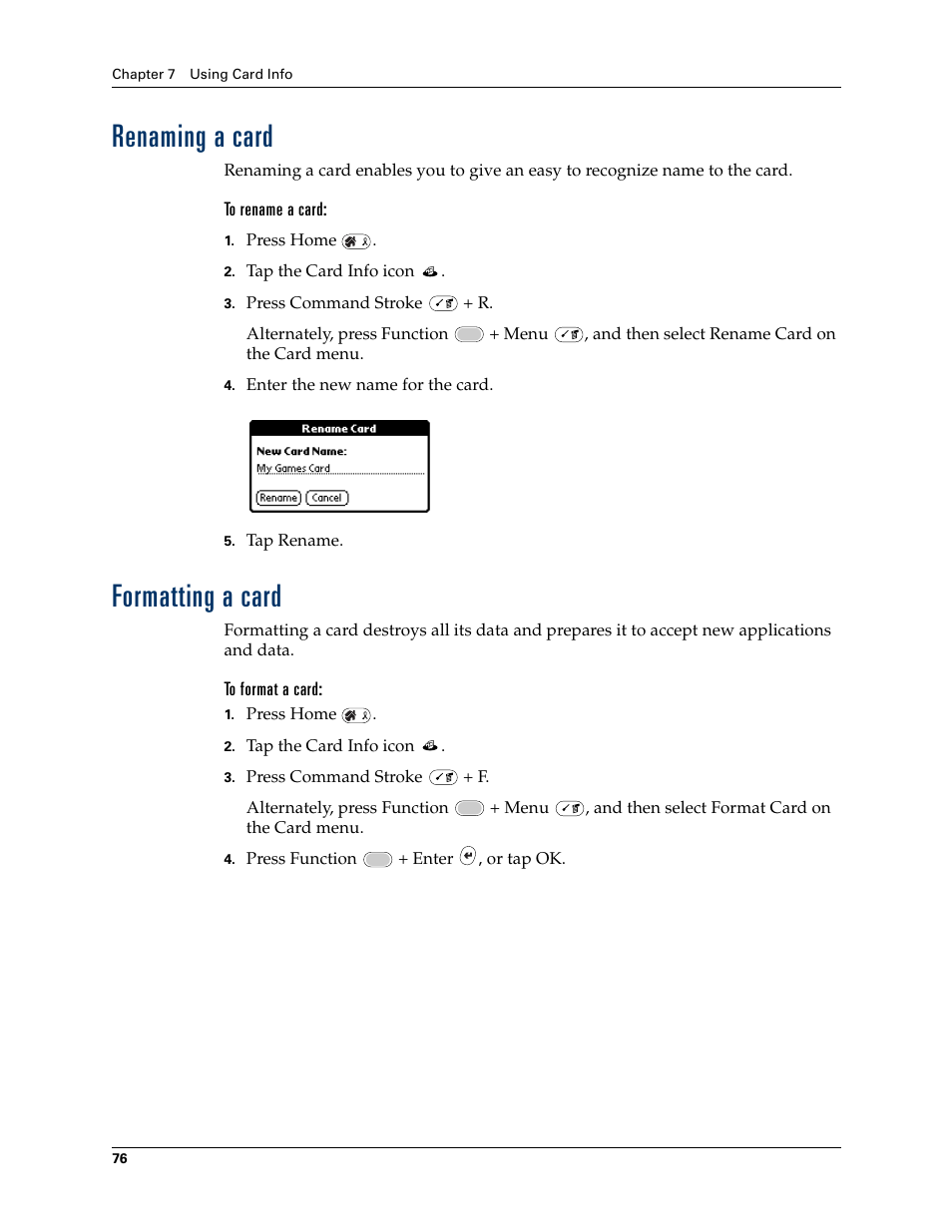 Renaming a card, Formatting a card, Renaming a card formatting a card | Palm Tungsten W User Manual | Page 90 / 428