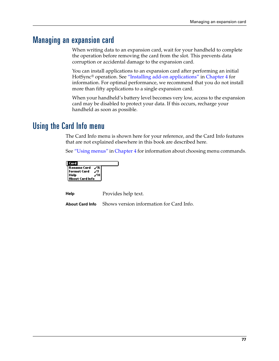 Managing an expansion card, Using the card info menu | Palm Tungsten W User Manual | Page 91 / 428