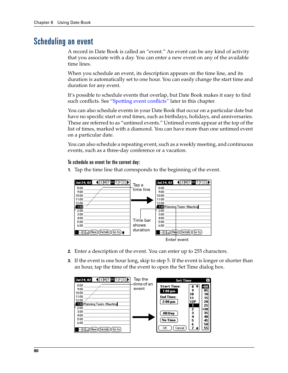 Scheduling an event | Palm Tungsten W User Manual | Page 94 / 428