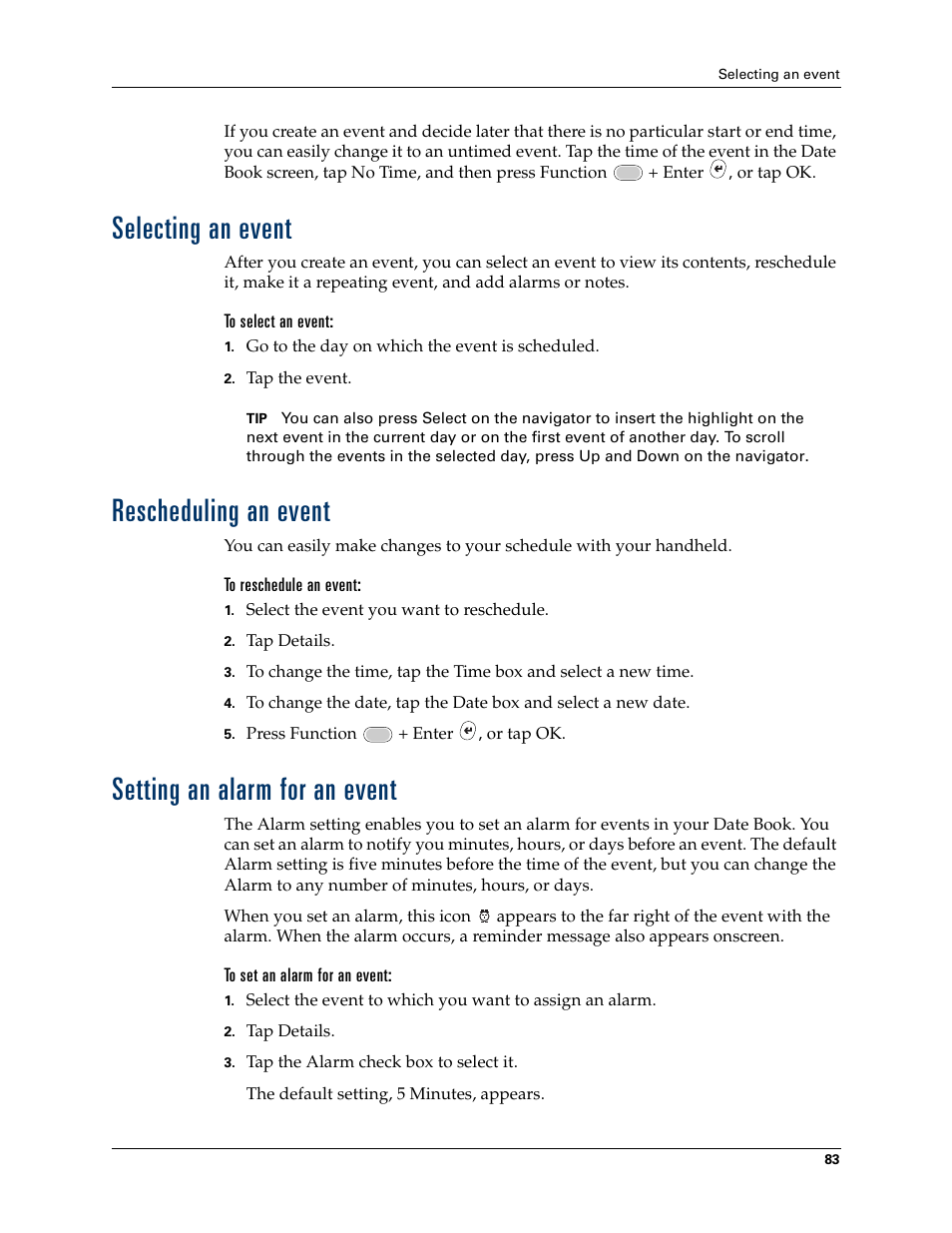 Selecting an event, Rescheduling an event, Setting an alarm for an event | Palm Tungsten W User Manual | Page 97 / 428