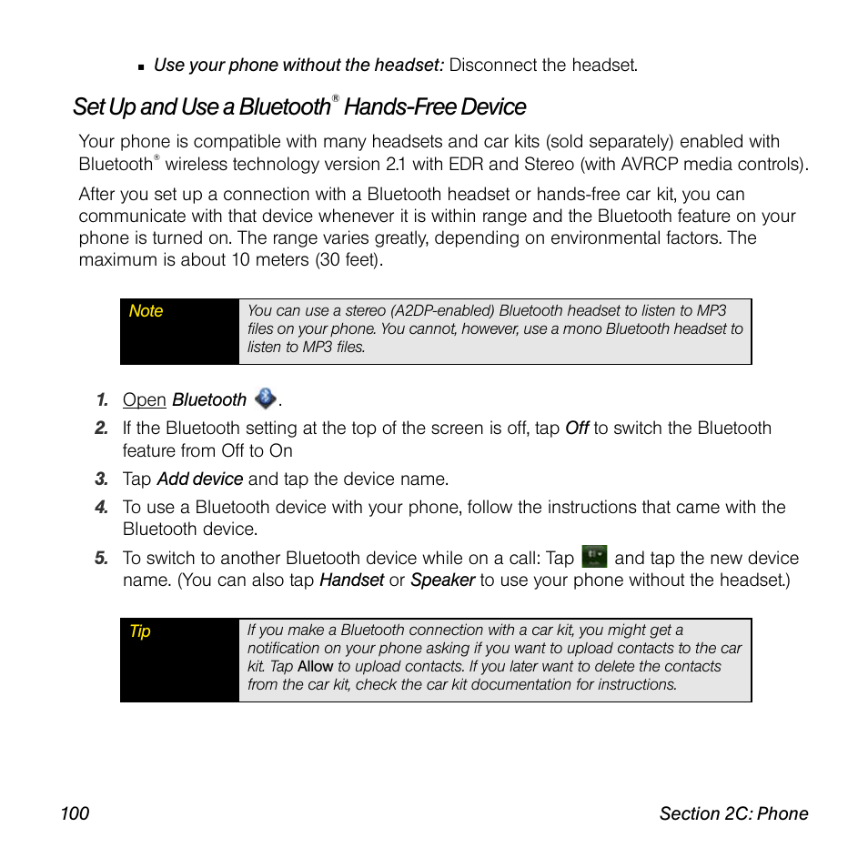 Set up and use a bluetooth® hands-free device, Set up and use a bluetooth, Hands-free device | Palm Pre User Manual | Page 100 / 344