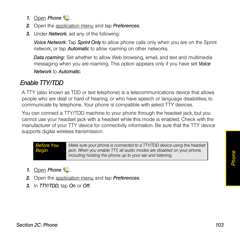 Enable tty/tdd | Palm Pre User Manual | Page 103 / 344