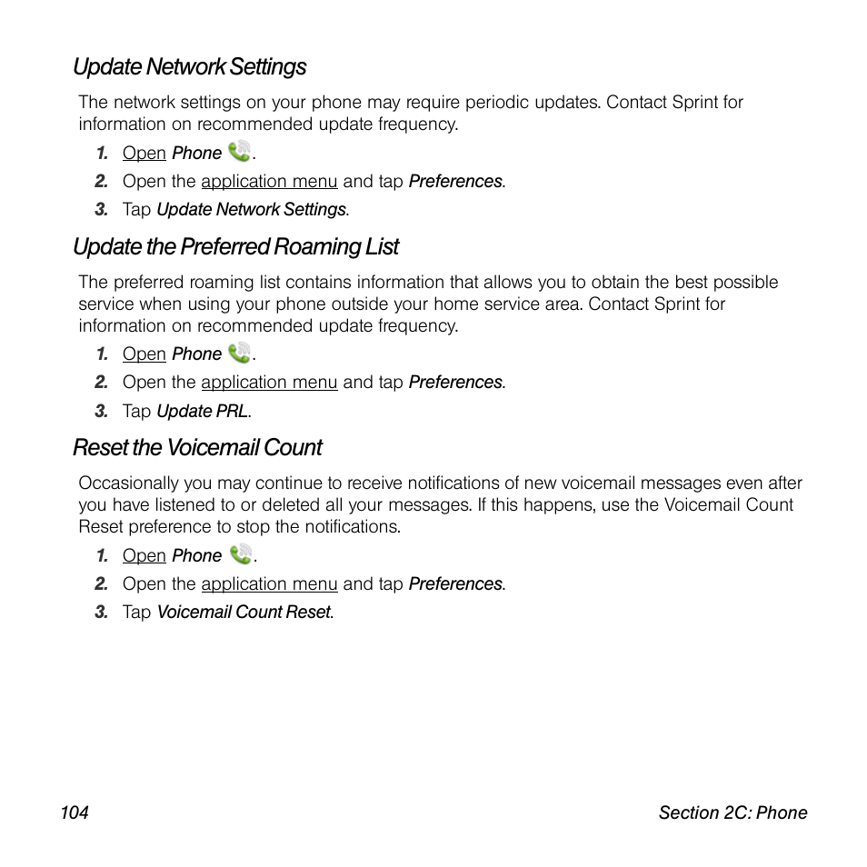 Update network settings, Update the preferred roaming list, Reset the voicemail count | Palm Pre User Manual | Page 104 / 344