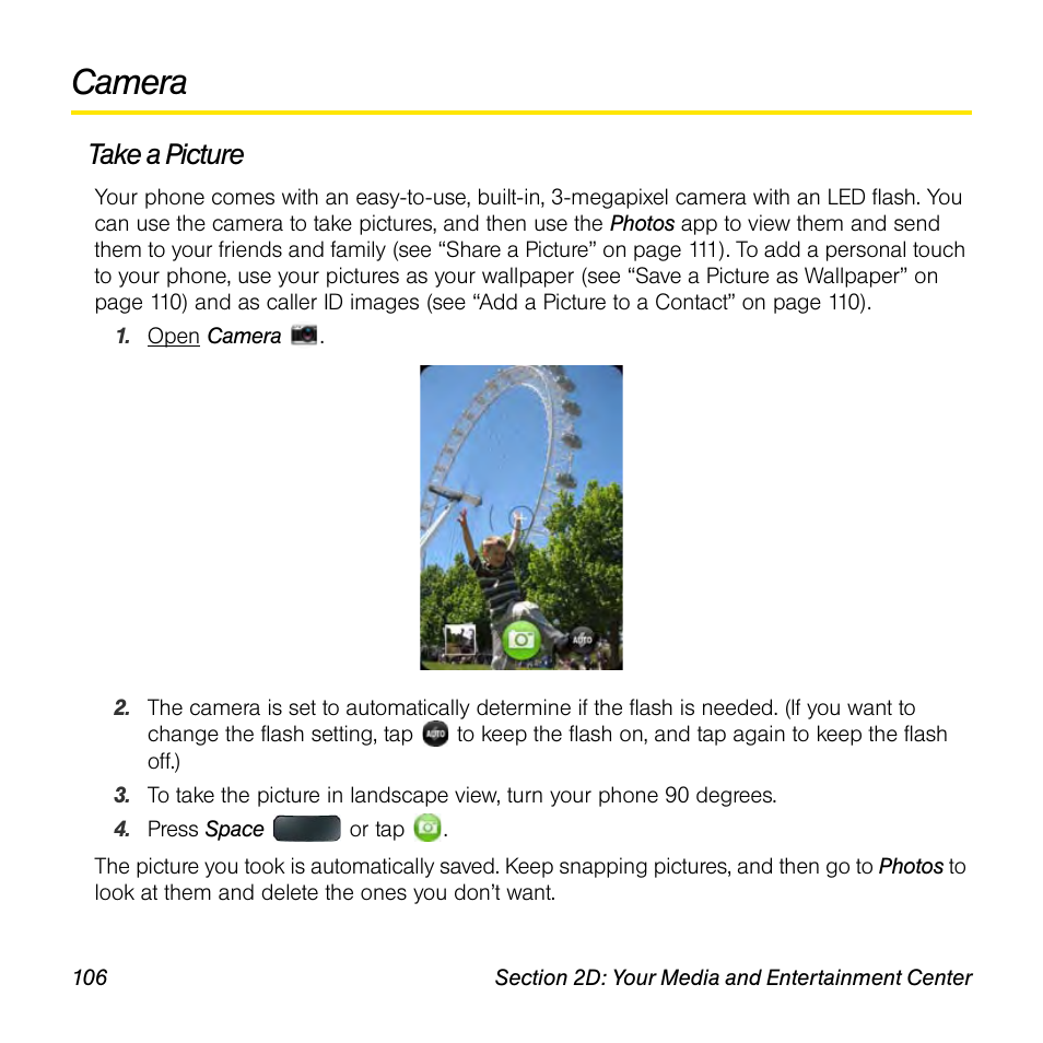 Camera, Take a picture | Palm Pre User Manual | Page 106 / 344