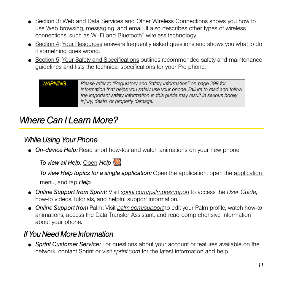 Where can i learn more, While using your phone, If you need more information | Palm Pre User Manual | Page 11 / 344