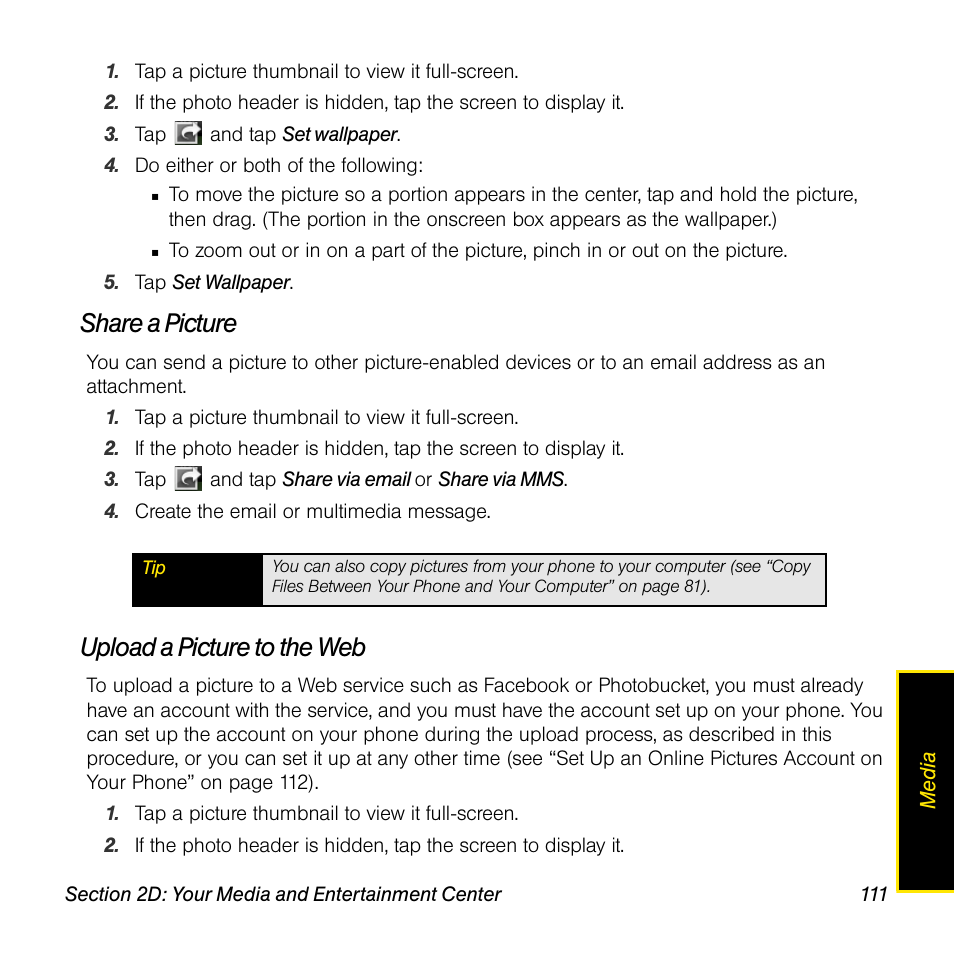 Share a picture, Upload a picture to the web | Palm Pre User Manual | Page 111 / 344