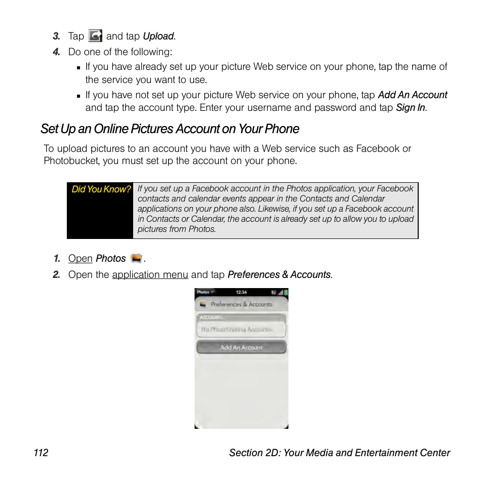 Set up an online pictures account on your phone | Palm Pre User Manual | Page 112 / 344