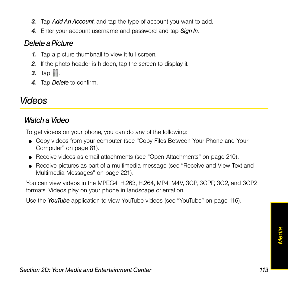 Delete a picture, Videos, Watch a video | Palm Pre User Manual | Page 113 / 344