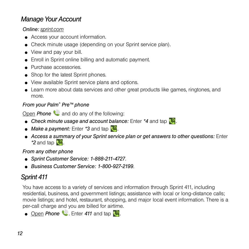 Manage your account, Sprint 411 | Palm Pre User Manual | Page 12 / 344