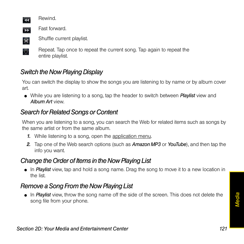 Switch the now playing display, Search for related songs or content, Change the order of items in the now playing list | Remove a song from the now playing list | Palm Pre User Manual | Page 121 / 344