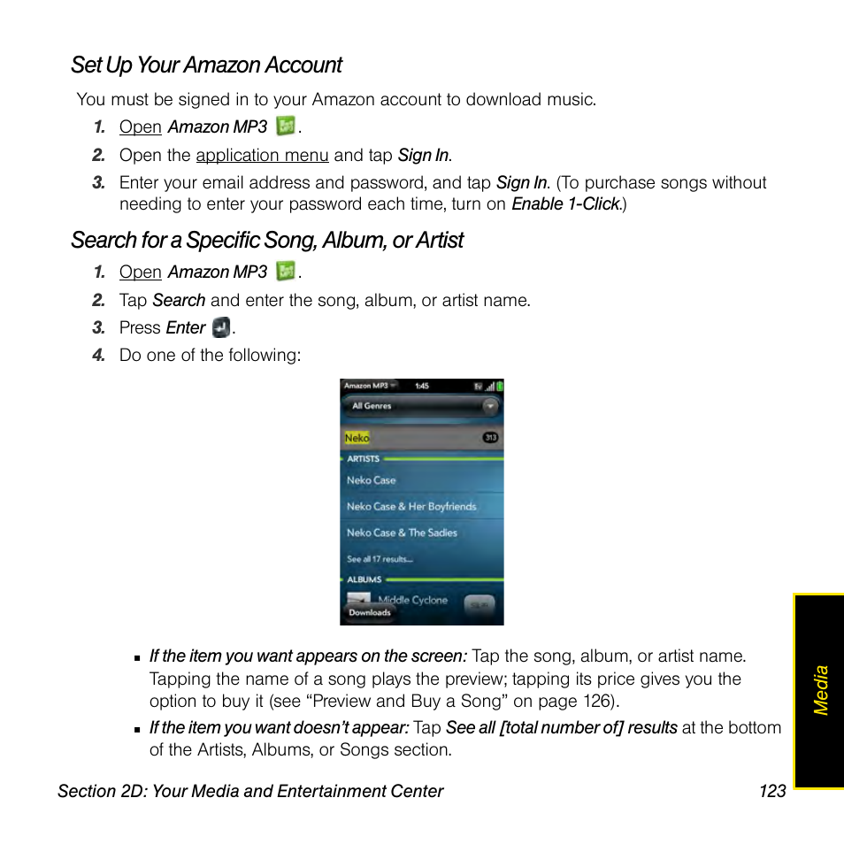 Set up your amazon account, Search for a specific song, album, or artist | Palm Pre User Manual | Page 123 / 344