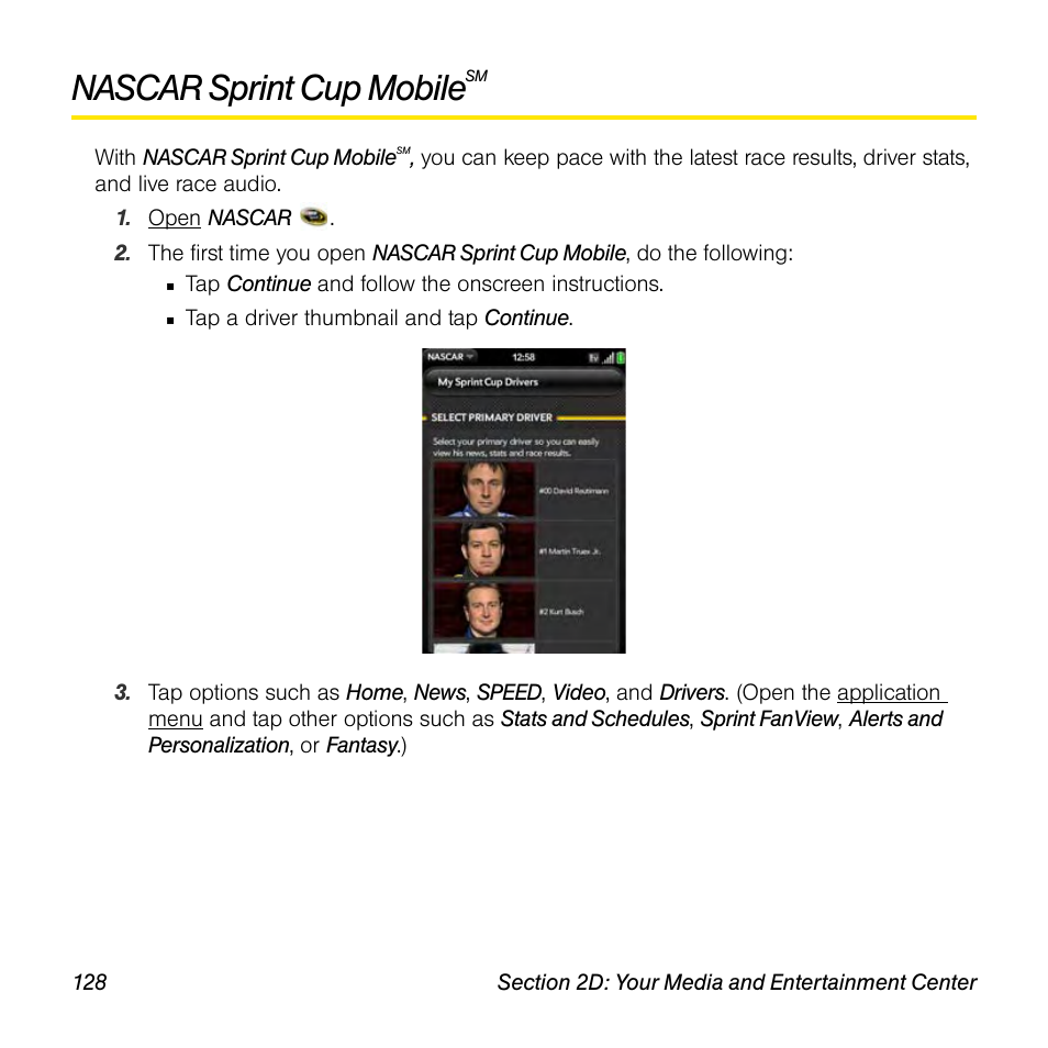 Nascar sprint cup mobilesm, Nascar sprint cup mobile | Palm Pre User Manual | Page 128 / 344