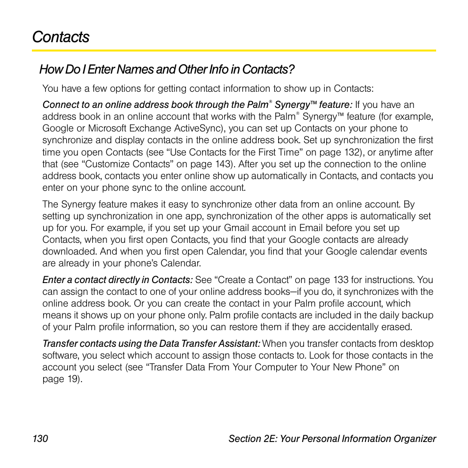 Contacts, How do i enter names and other info in contacts | Palm Pre User Manual | Page 130 / 344