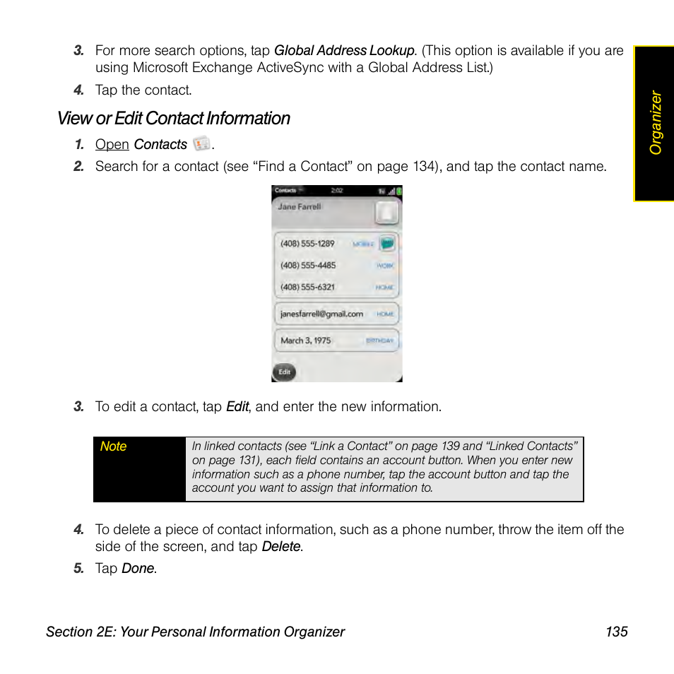 View or edit contact information | Palm Pre User Manual | Page 135 / 344