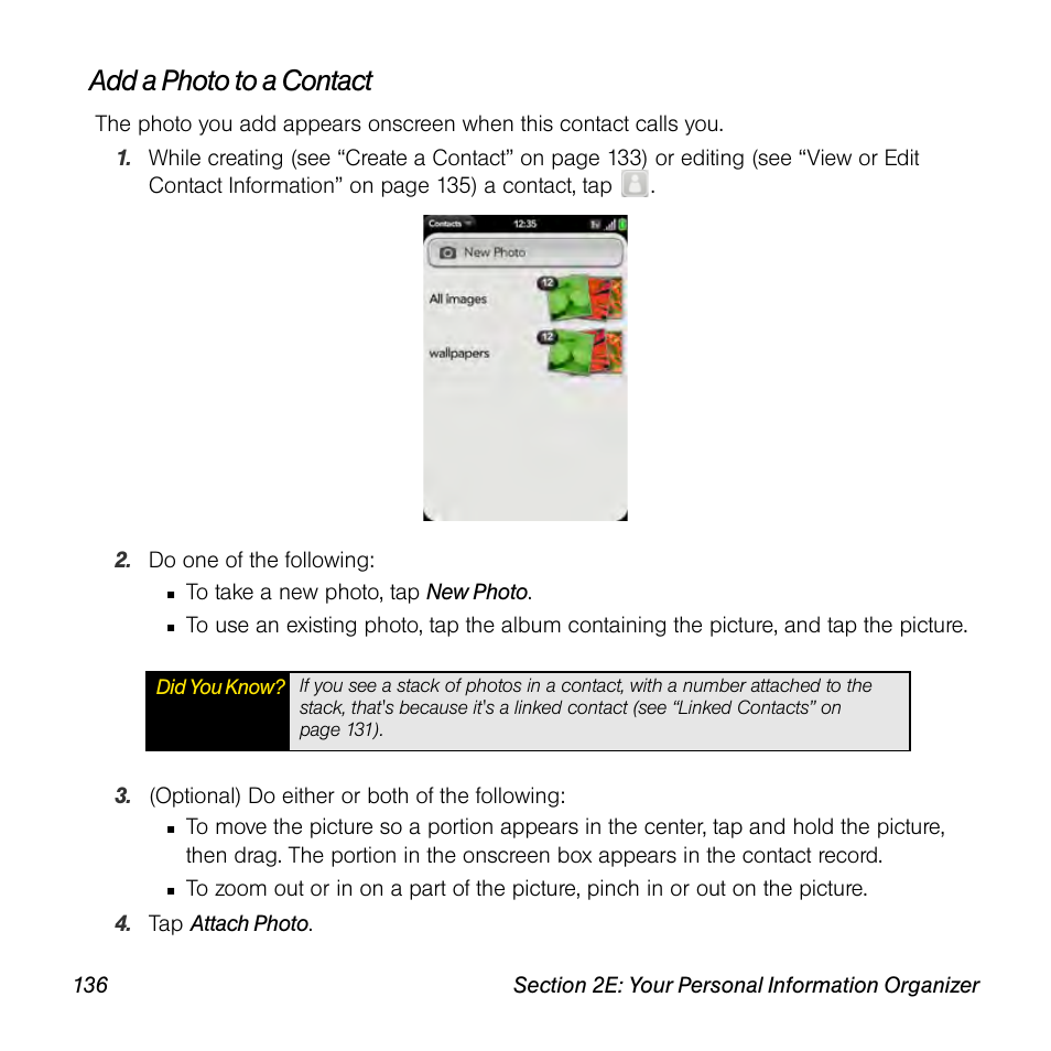 Add a photo to a contact | Palm Pre User Manual | Page 136 / 344