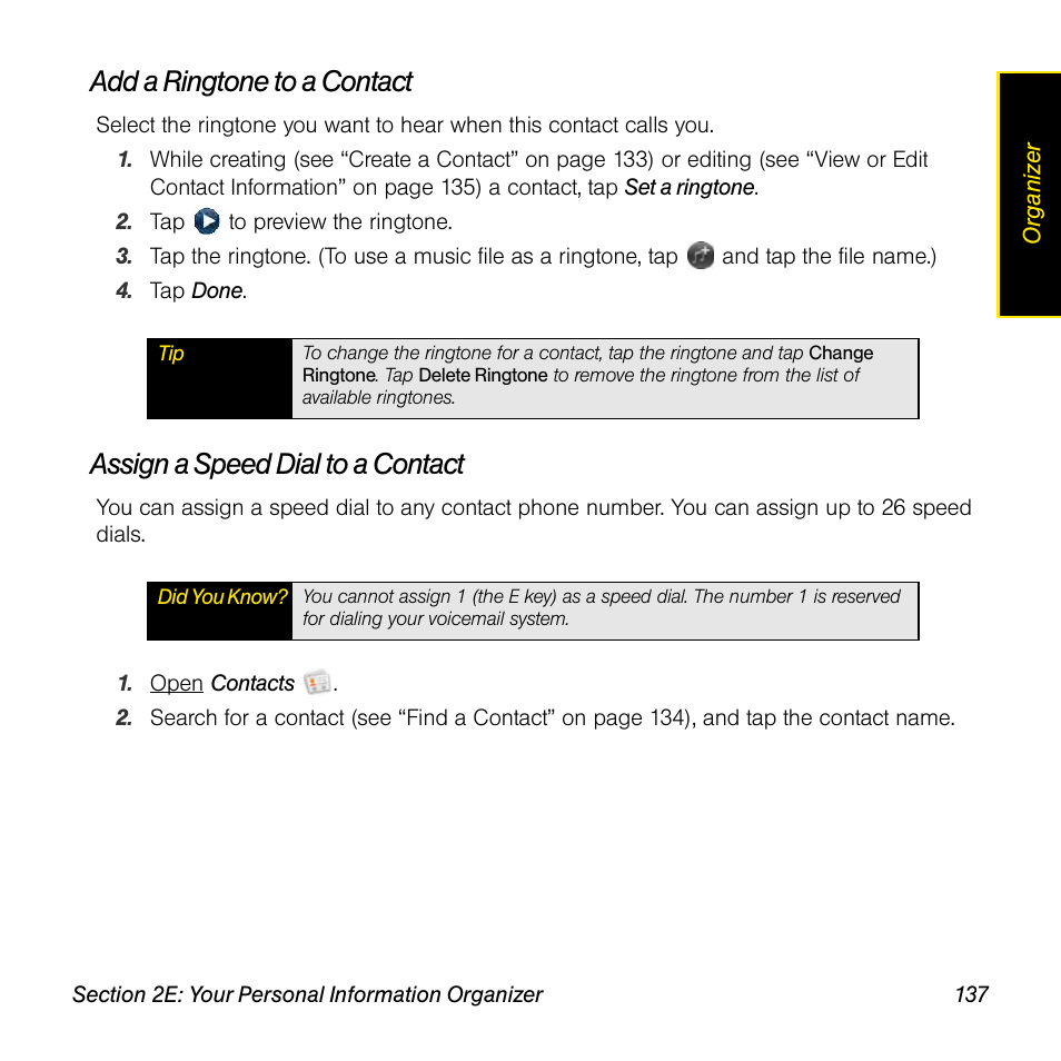 Add a ringtone to a contact, Assign a speed dial to a contact | Palm Pre User Manual | Page 137 / 344