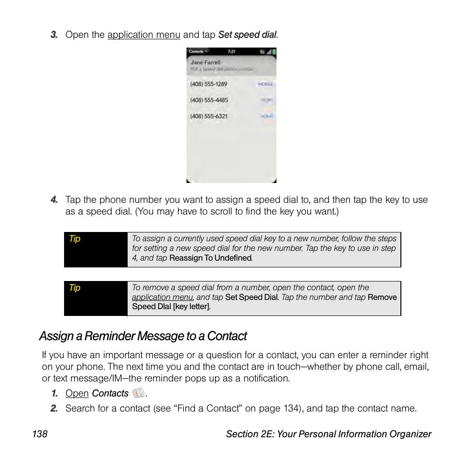 Assign a reminder message to a contact | Palm Pre User Manual | Page 138 / 344