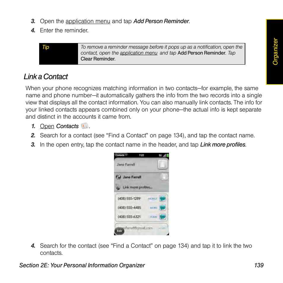 Link a contact | Palm Pre User Manual | Page 139 / 344