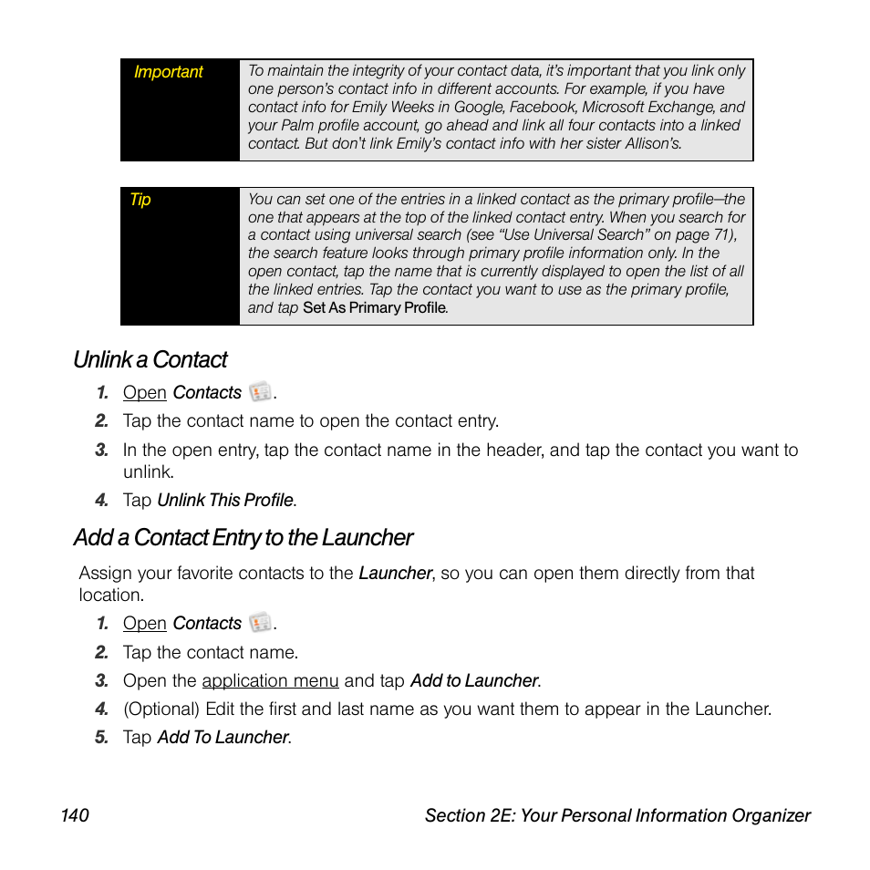 Unlink a contact, Add a contact entry to the launcher | Palm Pre User Manual | Page 140 / 344