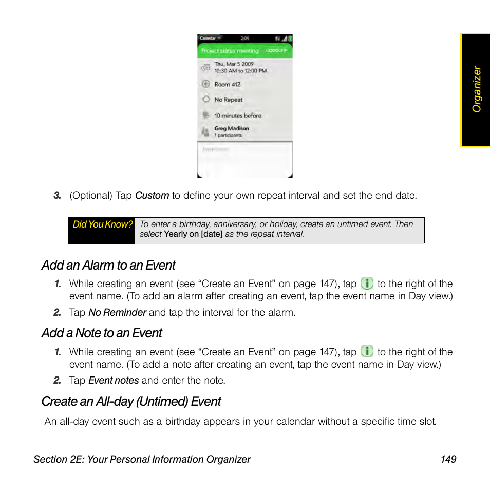 Add an alarm to an event, Add a note to an event, Create an all-day (untimed) event | Palm Pre User Manual | Page 149 / 344