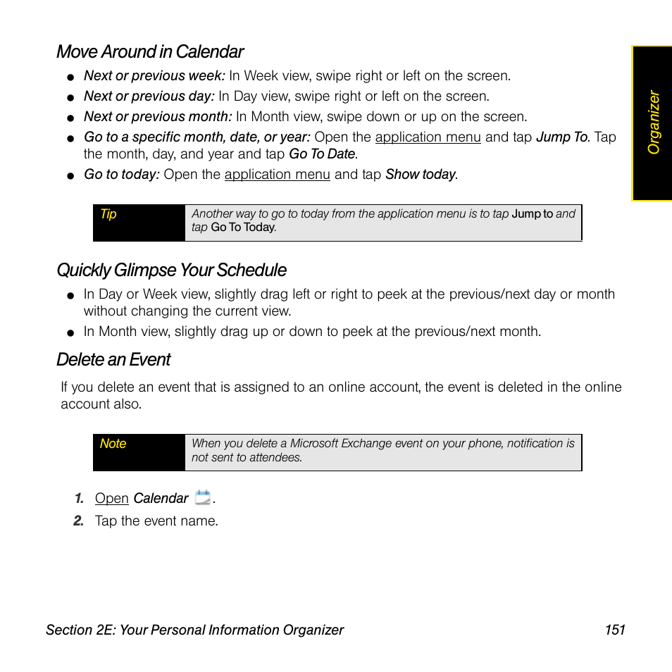 Move around in calendar, Quickly glimpse your schedule, Delete an event | Palm Pre User Manual | Page 151 / 344