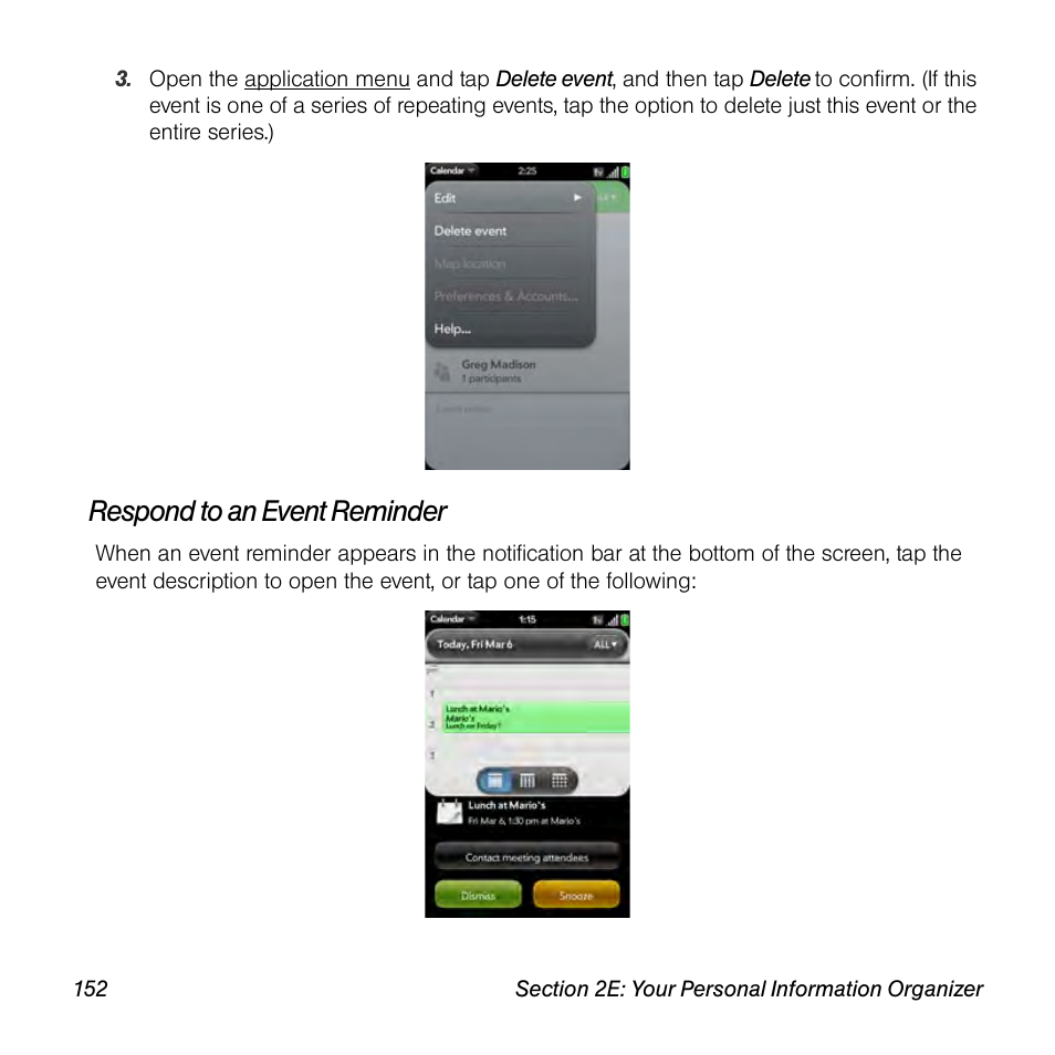Respond to an event reminder | Palm Pre User Manual | Page 152 / 344