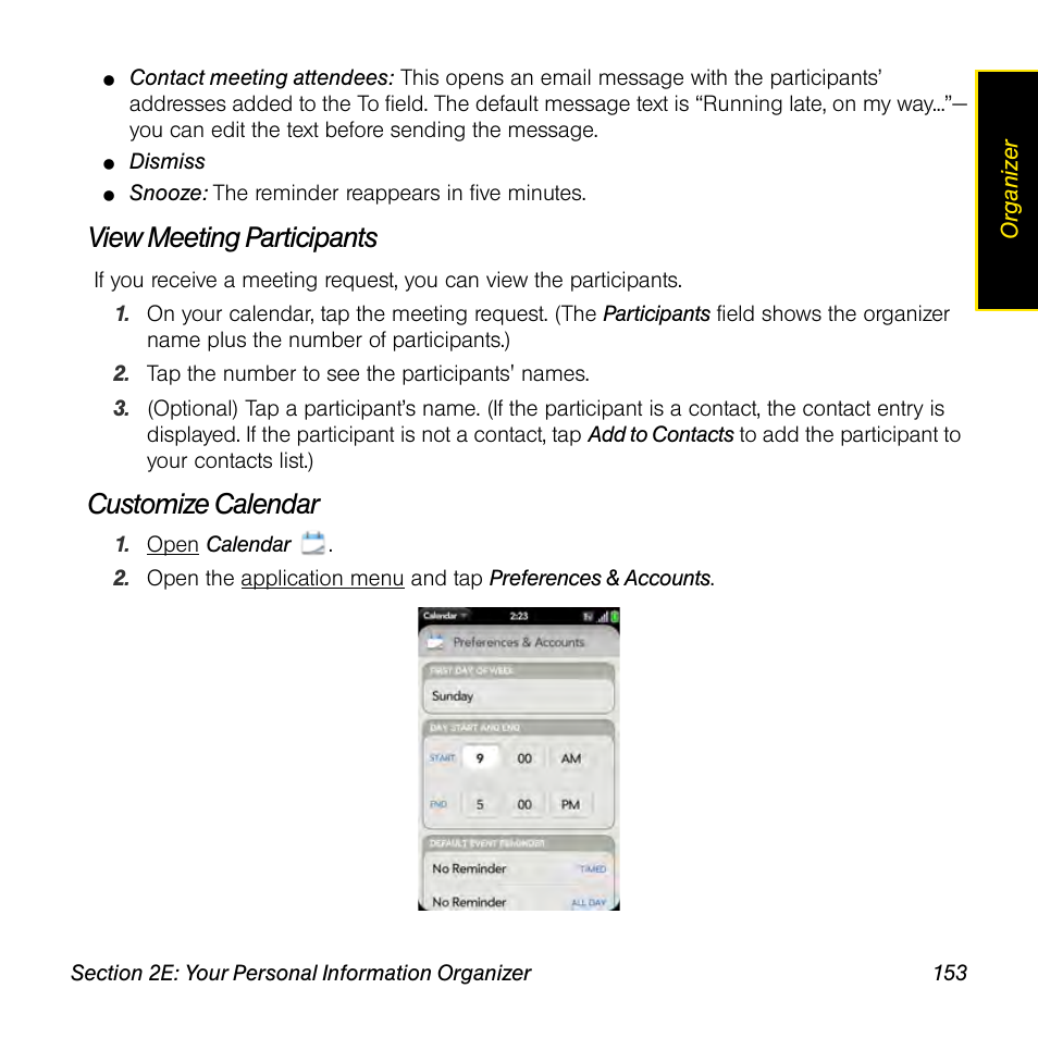 View meeting participants, Customize calendar | Palm Pre User Manual | Page 153 / 344