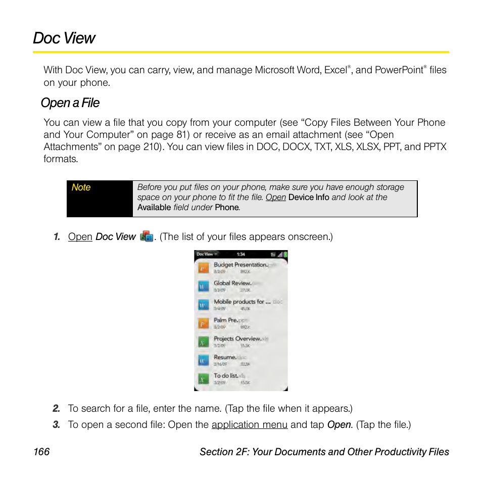 Doc view, Open a file | Palm Pre User Manual | Page 166 / 344