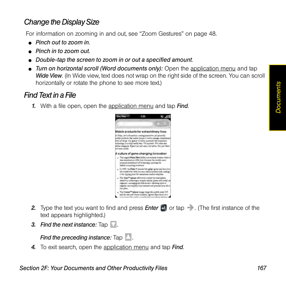 Change the display size, Find text in a file | Palm Pre User Manual | Page 167 / 344