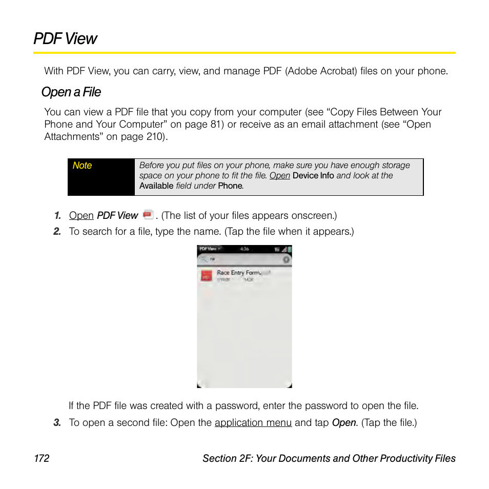 Pdf view, Open a file | Palm Pre User Manual | Page 172 / 344